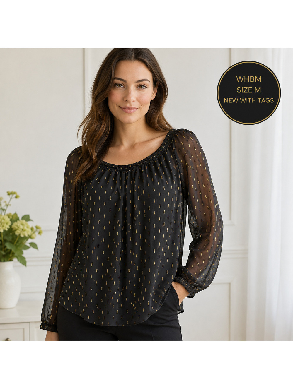 New With Tags | White House Black Market | Sz M | Black Gold Sheer Blouse